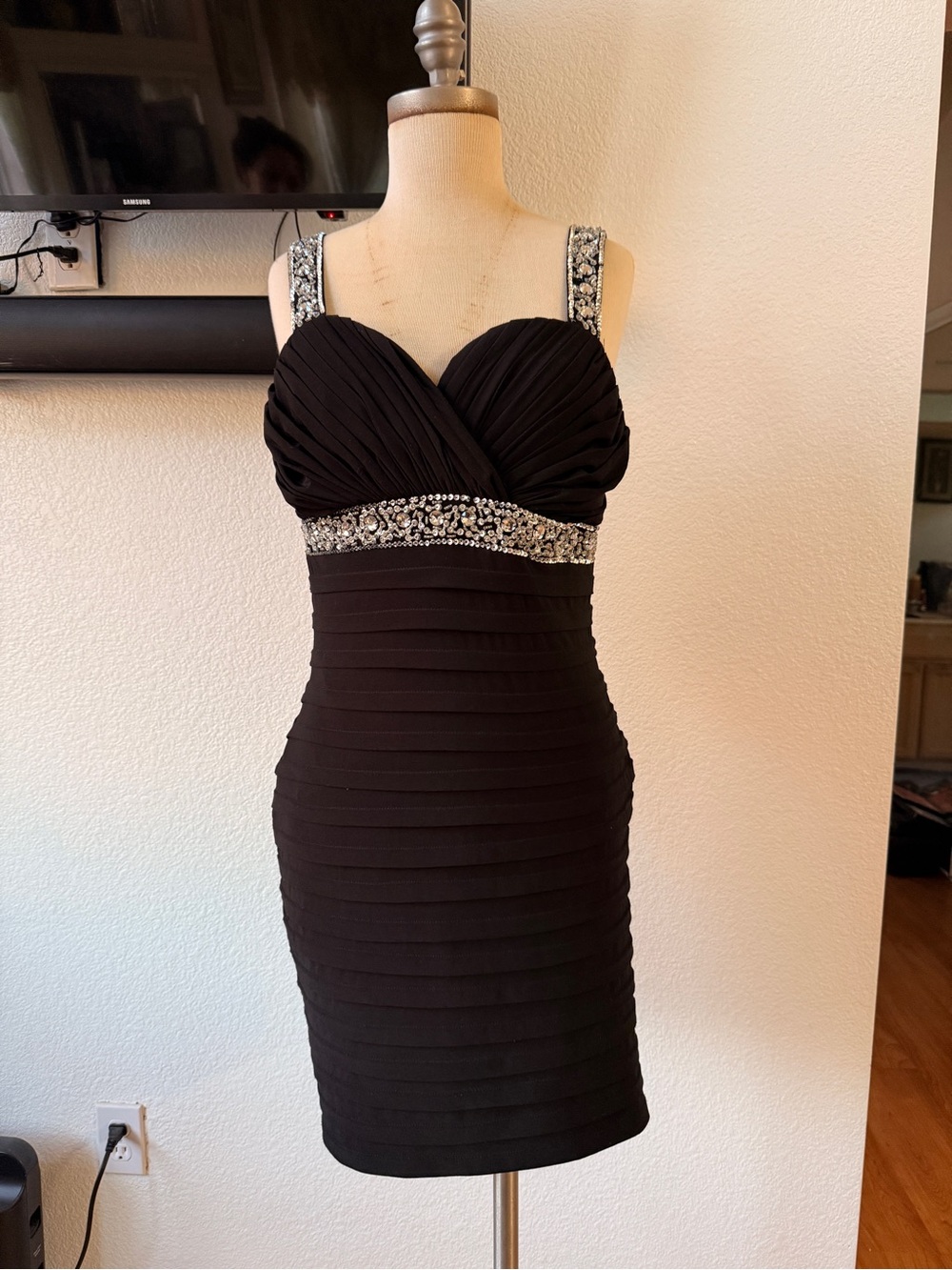 Open Back Black Embellished Back Drape Cocktail Dress